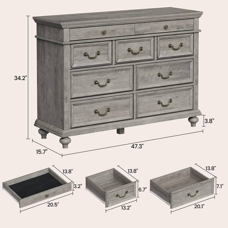 Farmhouse 9 Drawers Dresser for Bedroom, 47" Wide Wood Rustic Chest of 9 Drawers with Metal Handles, Vintage Design - Grey