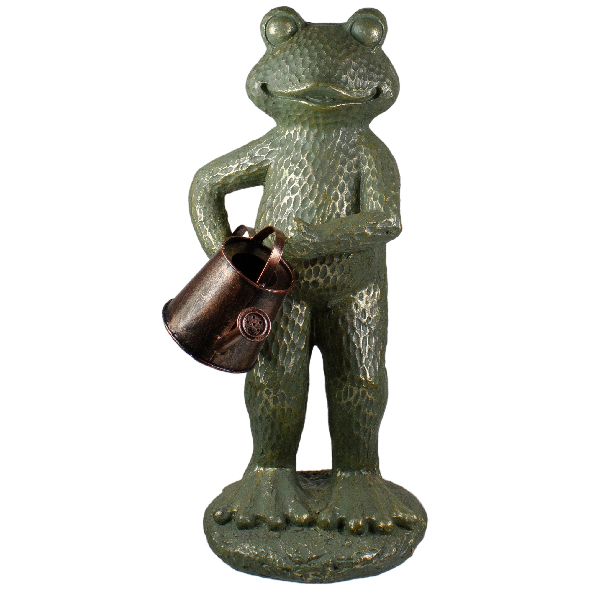 17 Gold Verdigris Frog with Watering Can Outdoor Garden Statue