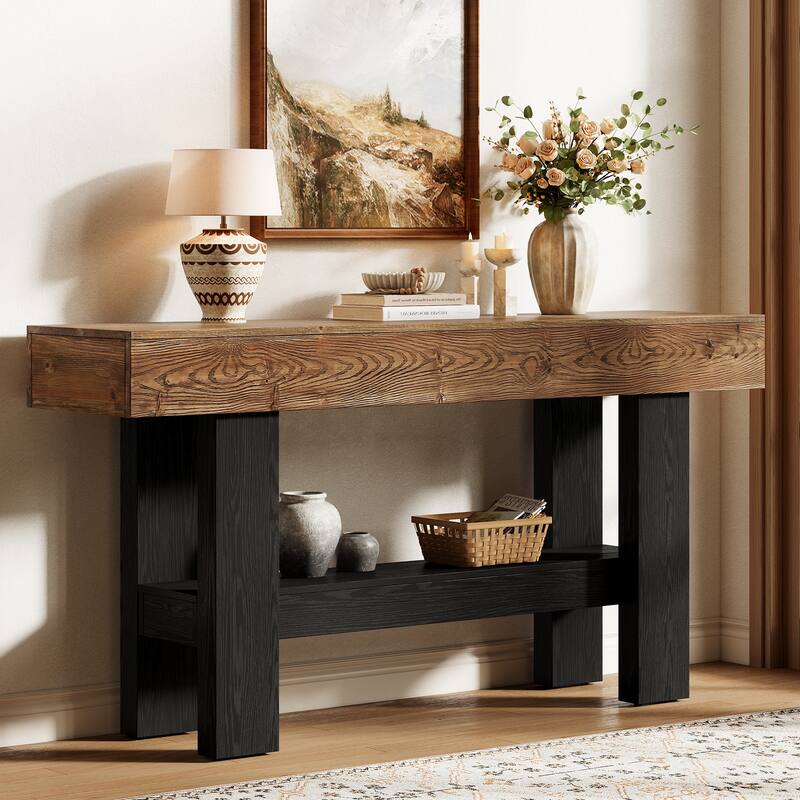63" Long Wood Console Sofa Table with Storage for Living Room - Brown/ Black