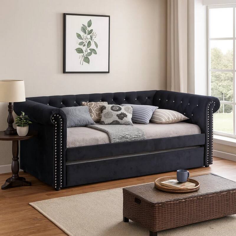 Ellen Trundle Daybed, Black Fabric Upholstery, Rolled Arms, Nailhead Trim