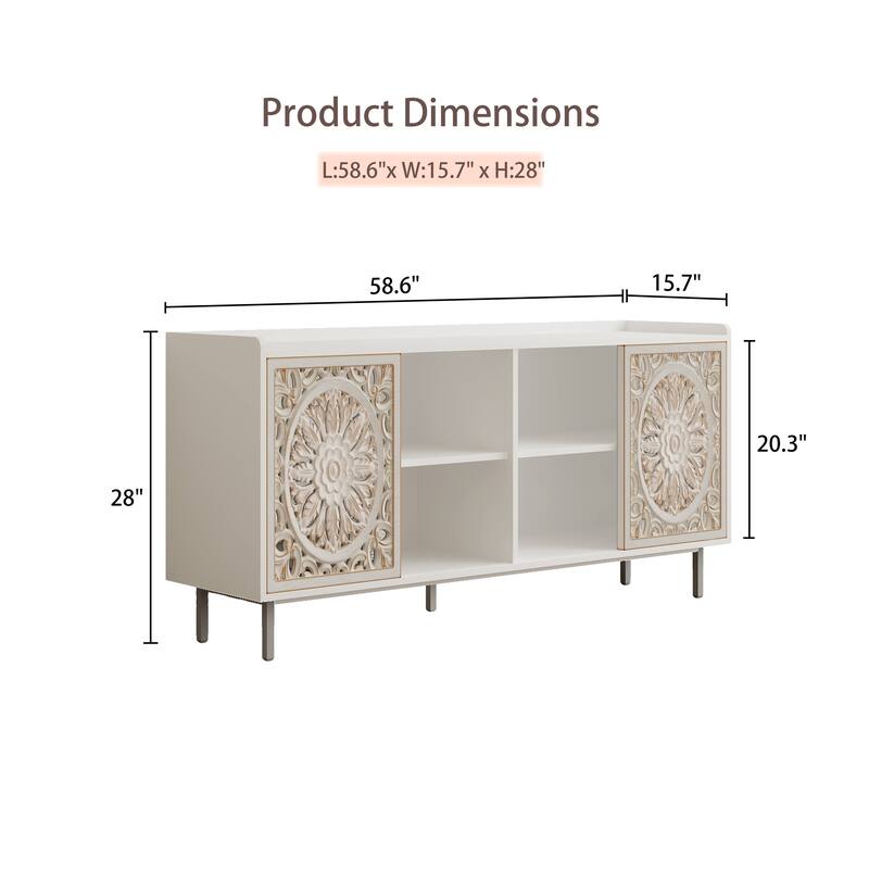 Distressed White Wood Curio Cabinet with Carved Fir Doors and Shelving - Mid-Century Console Table