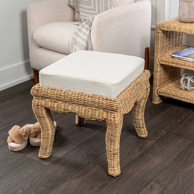 Praerie 19.7" Woven Rattan/Wood Vanity Stool, White Cushion with Natural Frame, by JONATHAN Y - 19.68"