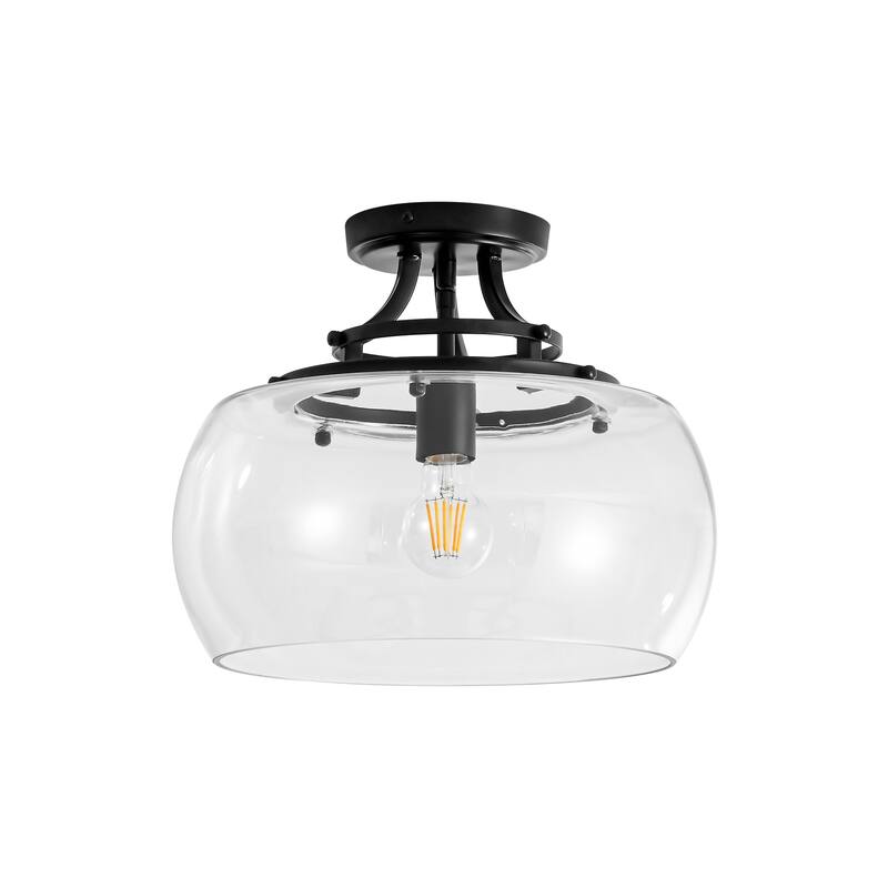 1-Light 13.8" W Modern Schoolhouse Matte Black Semi-Flush Mount Ceiling Light with Clear Dome Glass Shade for Bedroom