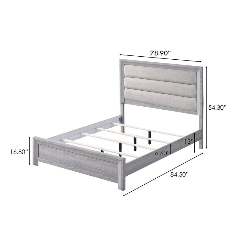 King Panel Bed with Plush Tufted Headboard in Neutral Gray Driftwood Finish