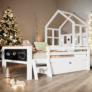 Solid Wood Twin Size House Bed with Ladder and Storage Drawers and 2 Blackboard
