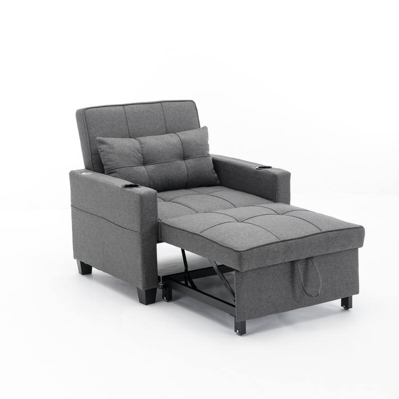 Linen Convertible Futon Armchair Bed with USB Ports, Adjustable Backrest and 3-in-1 Functionality