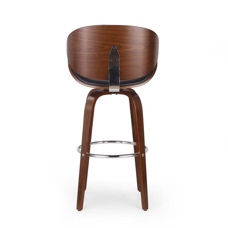 Wood Bar Stool with Swivel Function and Leather Seat, Ergonomic Dining Chair Counter Height Stool with Footrest