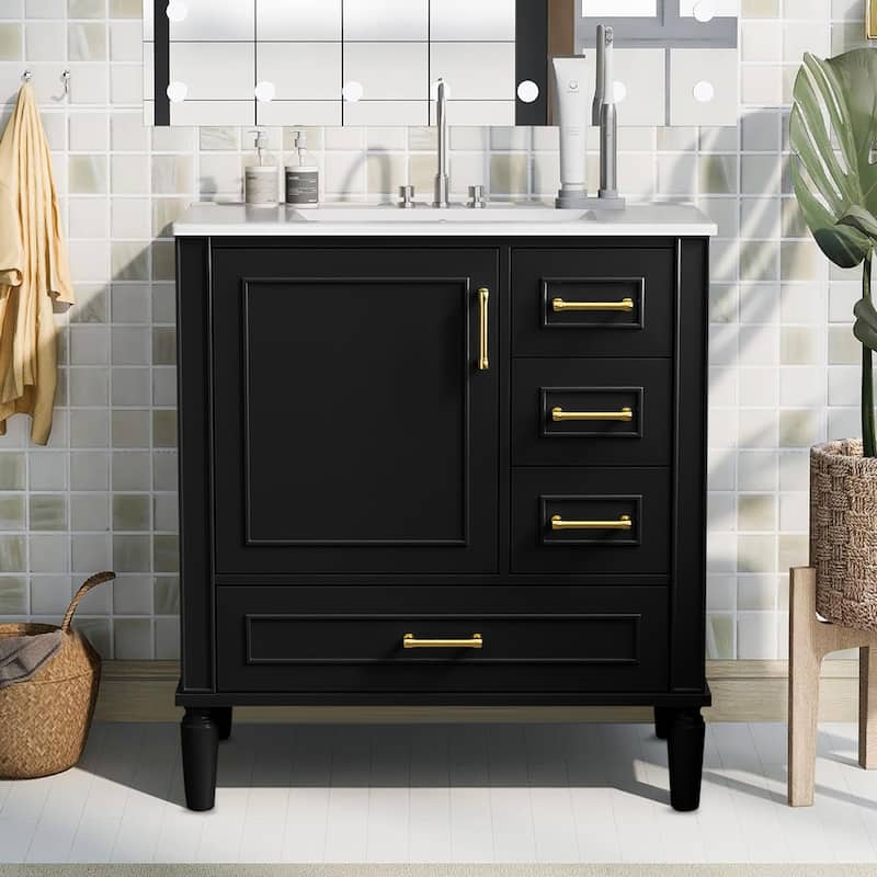 30" Bathroom Vanity with Ceramic Sink,Ample Storage Cabinet for Bathroom - Black