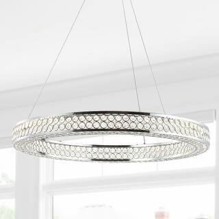 Bradley 24.7" Round Integrated LED Crystal/Metal Pendant, Chrome/Clear by JONATHAN Y