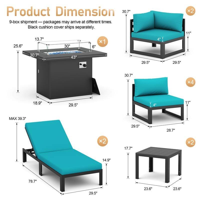 11-Piece Luxury Aluminum Outdoor Furniture Set with Chaise Lounge & Fire Pit Table, 29" Deep Seating Aluminum Patio Sectional