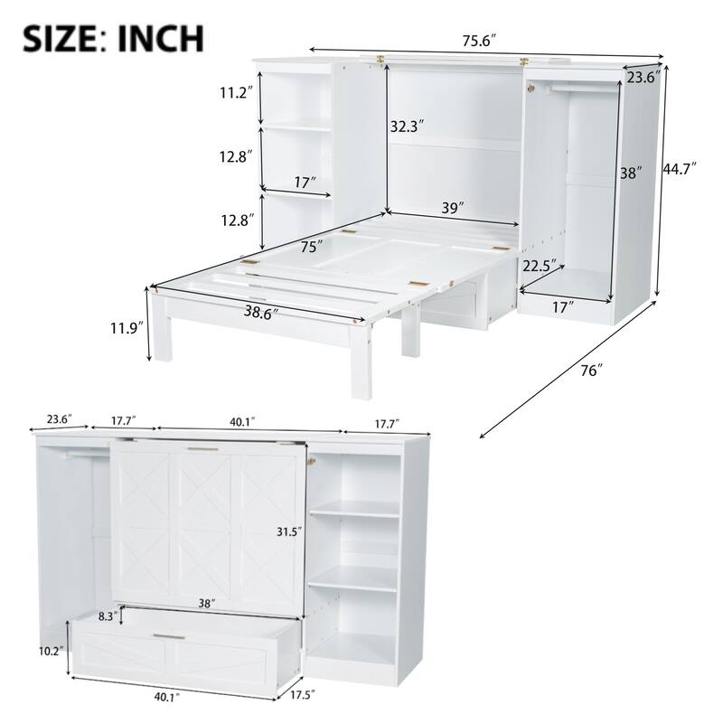 Twin Size Solid Wood Murphy Bed with Pull-Out Drawer,Built-In Wardrobe - Space-Saving Wall Bed with 3-Shelf Bookcase