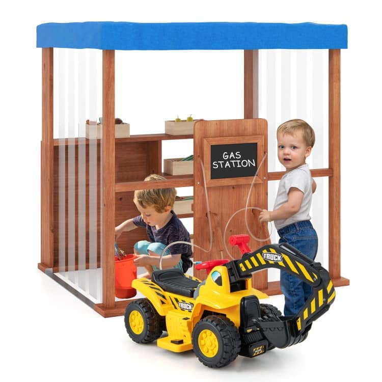 Kids Gas Station Playhouse with Gas Refueling Guns for Aged 3+-Brown - 45" × 35" × 45"
