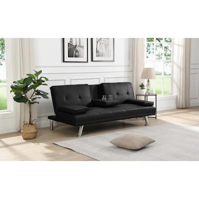 66"sofa bed with Armrest two holders WOOD FRAME, STAINLESS LEG, FUTON WHITE PVC