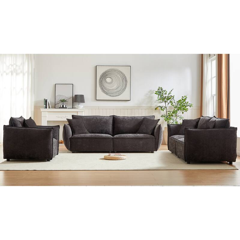 Spacious 7-Seater Living Room Sofa Set - Linen Upholstered Couch Combo with 5 Pillows