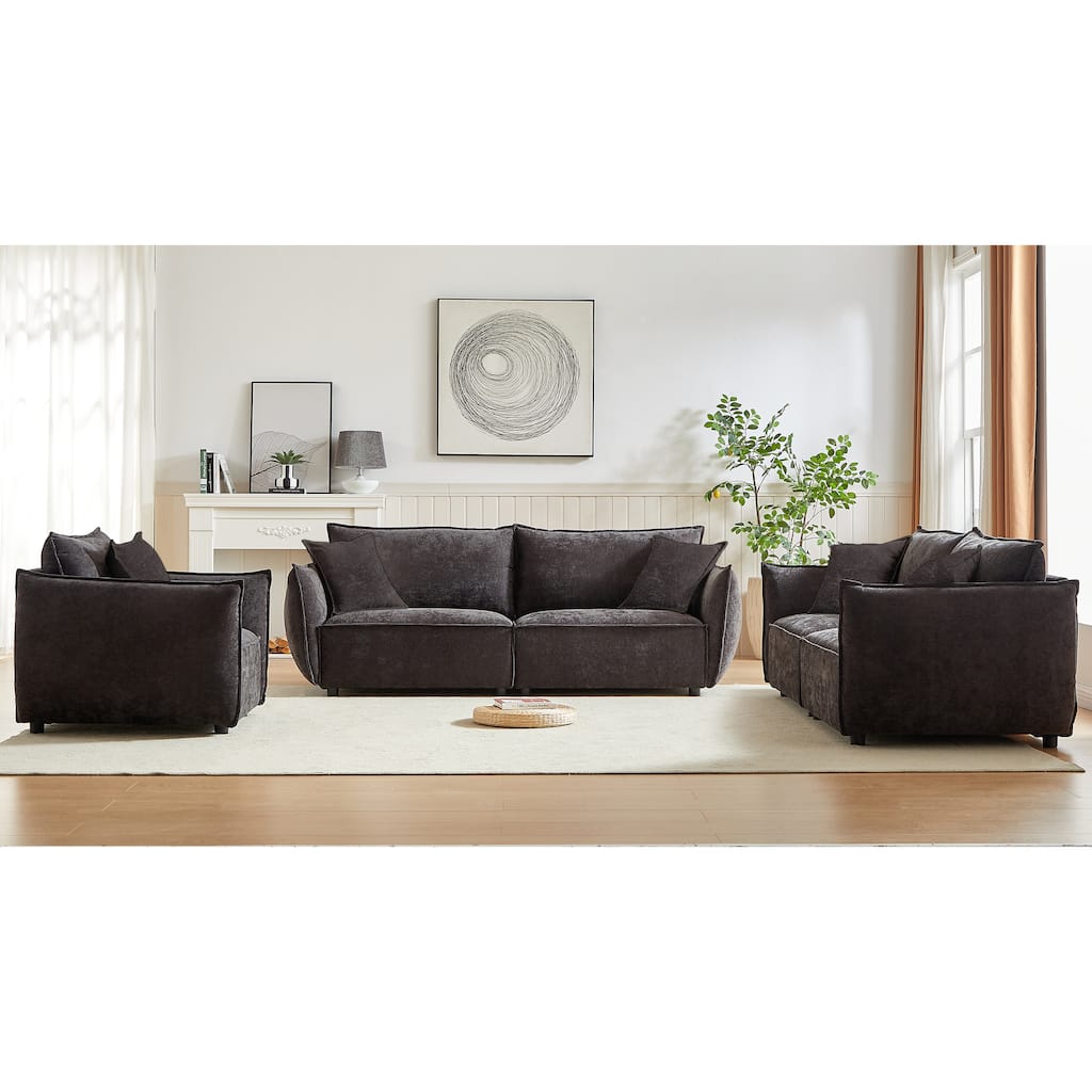 Stylish Chenille Upholstered Sofa Bed, 3-Seater Couch with Chaise and Ottoman Bench