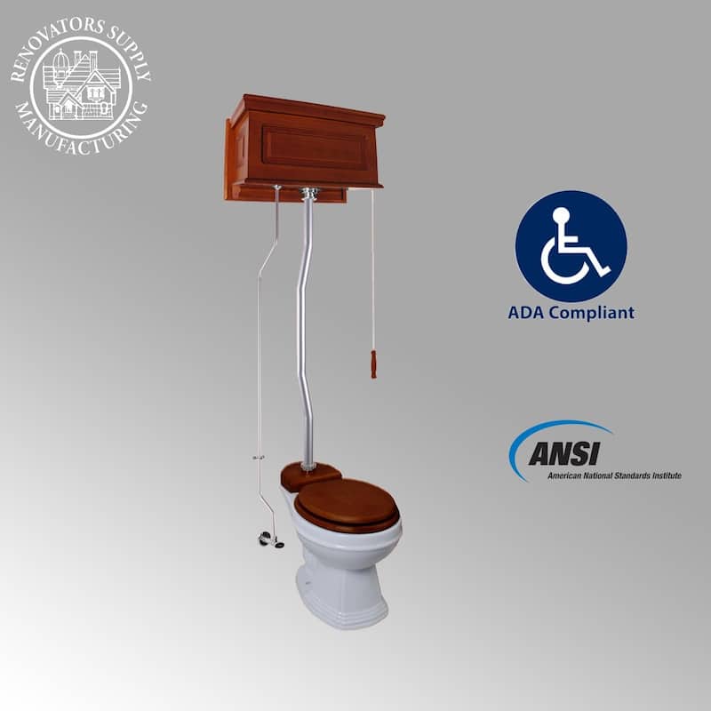 Light Mahogany Wooden High Tank Toilet Raised Tank, White Elongated Bowl and Satin Z Pipe