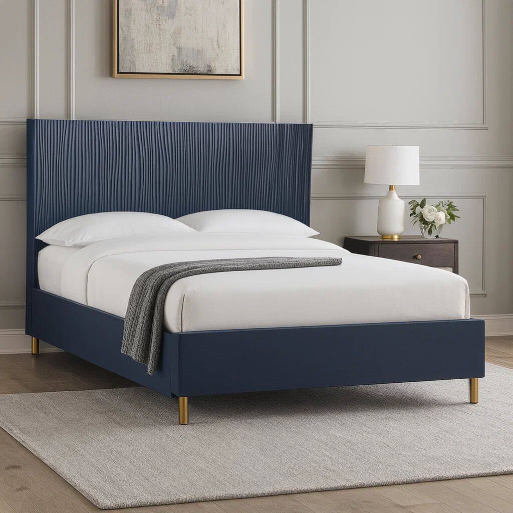 Herst Modern California King Bed, Brass Metal Legs, Wavy Texture Navy Blue