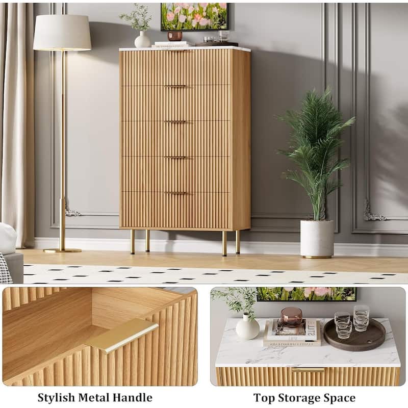 Fluted 5 Drawer Dresser for Bedroom, Wooden Chest with Wide Drawers, Modern Storage Organizer for Closet, Hallway