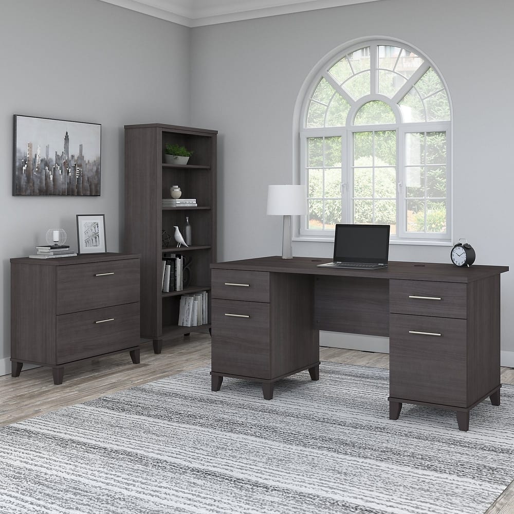 Somerset 60W Office Desk with Cabinet and 5 Shelf Bookcase