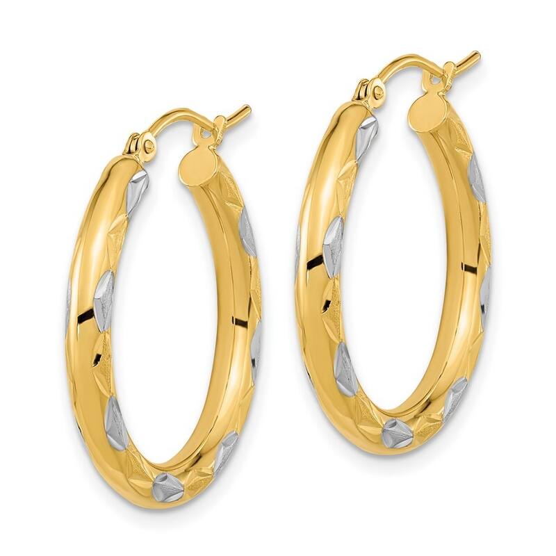 Curata 14k Yellow Gold With White Rhodium Satin Diamond cut 26x3mm Hoop Earrings