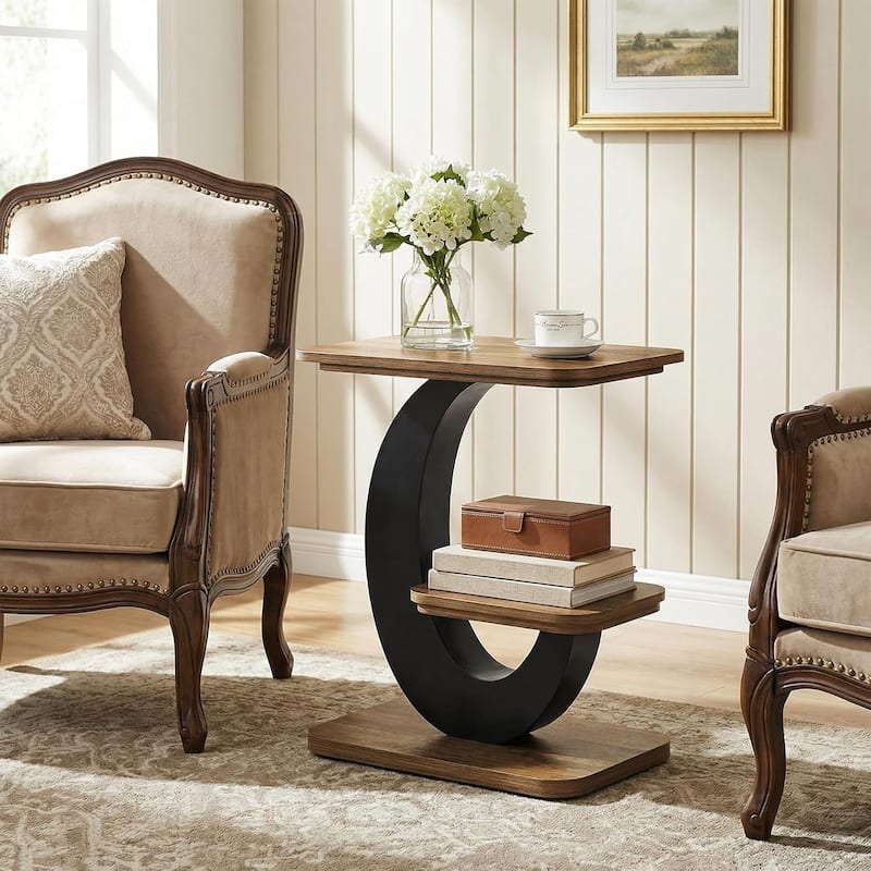 Industrial 2-Tier Narrow Side Table with Metal Arc Frame, Wooden End Table Nightstand with Storage Shelf for Small Spaces