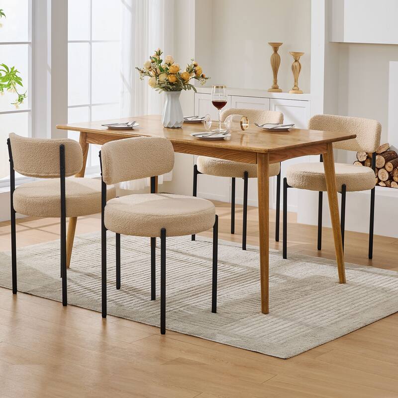 Set of 2 Boucle Dining Chairs with Curved Backrest & Black Metal Legs