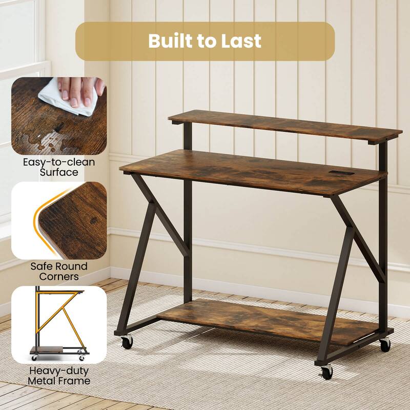Costway Rolling Computer Desk with Charging Station Monitor Stand