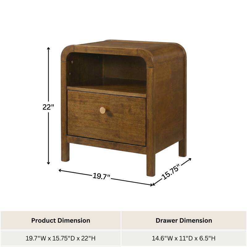 Roundhill Furniture Eldren Wood Nightstand with Solid Rubberwood Frame, Walnut Finish