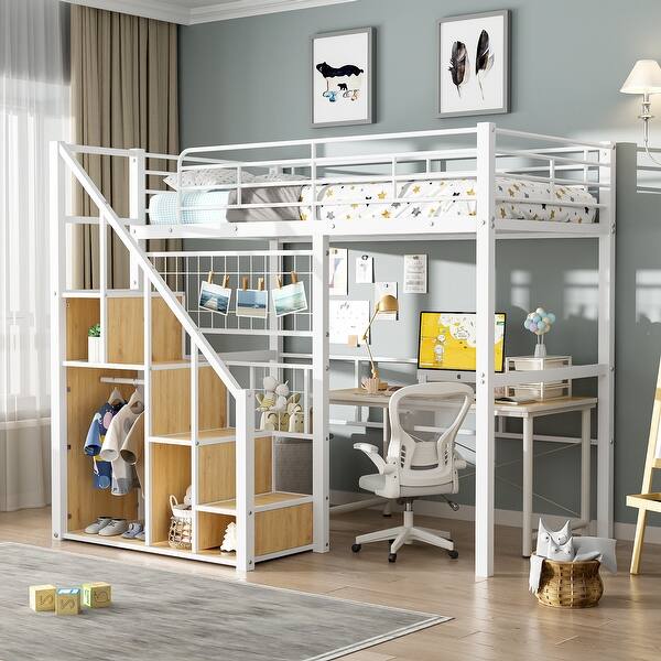 slide 2 of 12, Twin Loft Bed with Metal Frame Storage Stairs and Built In Wardrobe Space Saving Elevated Bed White