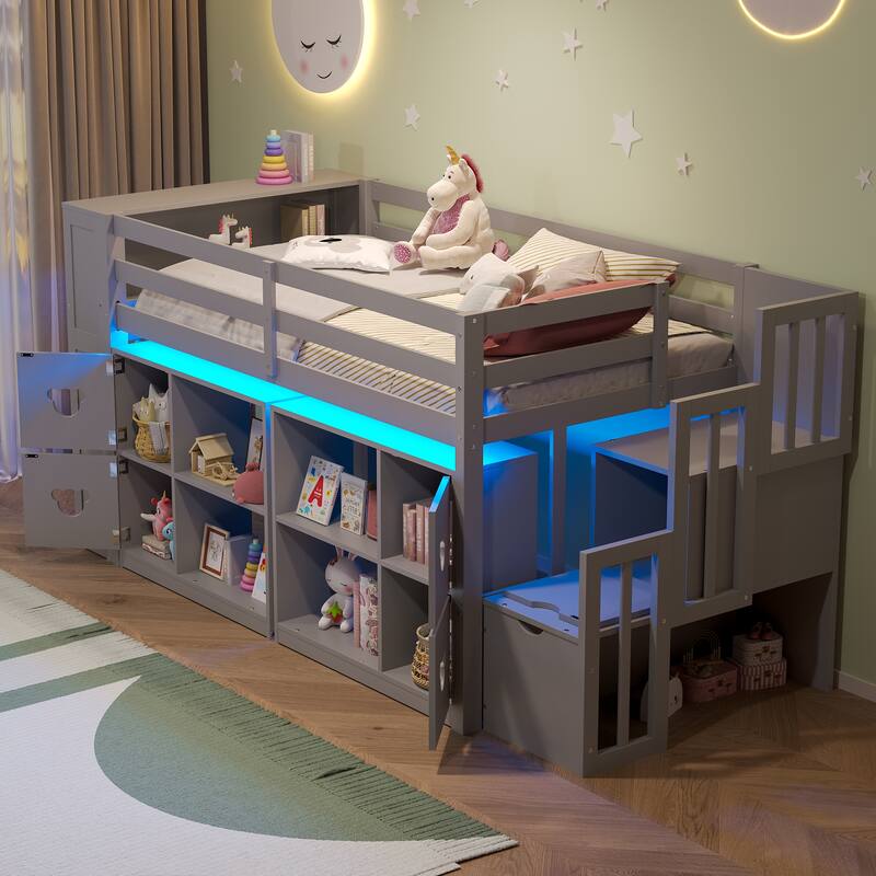 Grey Twin Size Low Loft Bed with Shelves, Storage Headboard, and Stairs