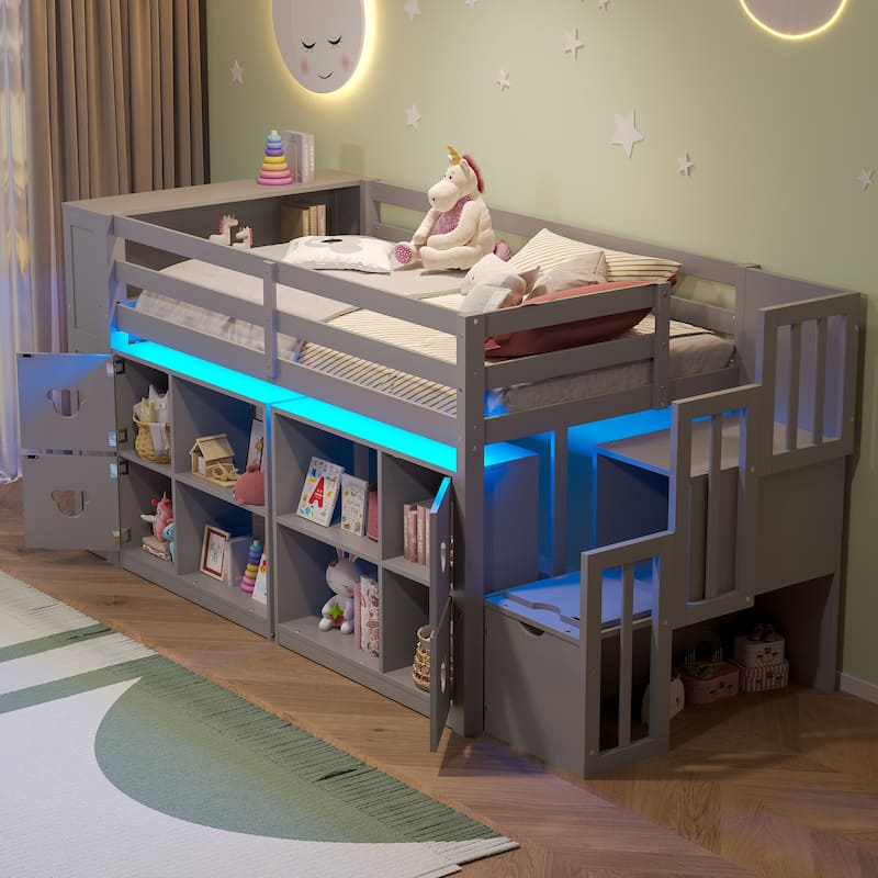 Kids Twin Size Captains Bed Low Loft Bed with LED, Cabinets, Stair Drawers and Shelves, Cabinet Door with Bear-shaped Handles - Grey - Twin