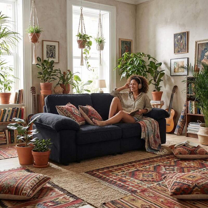 Roomfitters Modern Overstuffed Upholstered Sofa with Hidden Storage and Padded Arms, Comfy Loveseat for Small Space