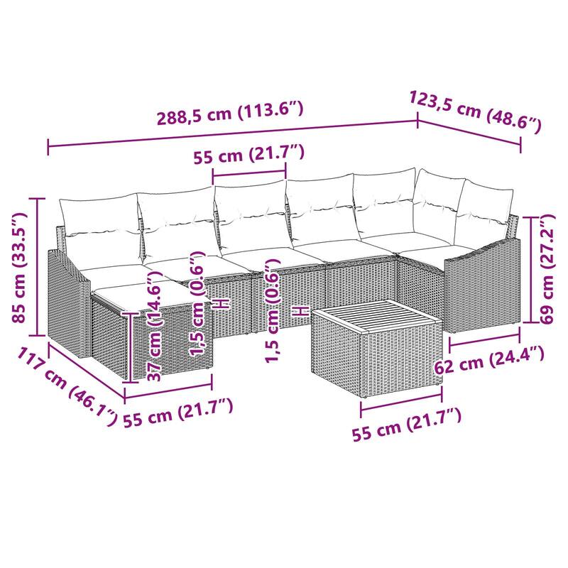 vidaXL 8 Garden Sofa Set with Cushions Black/Grey Poly Rattan - 113.8 x 48.6 x 27.2