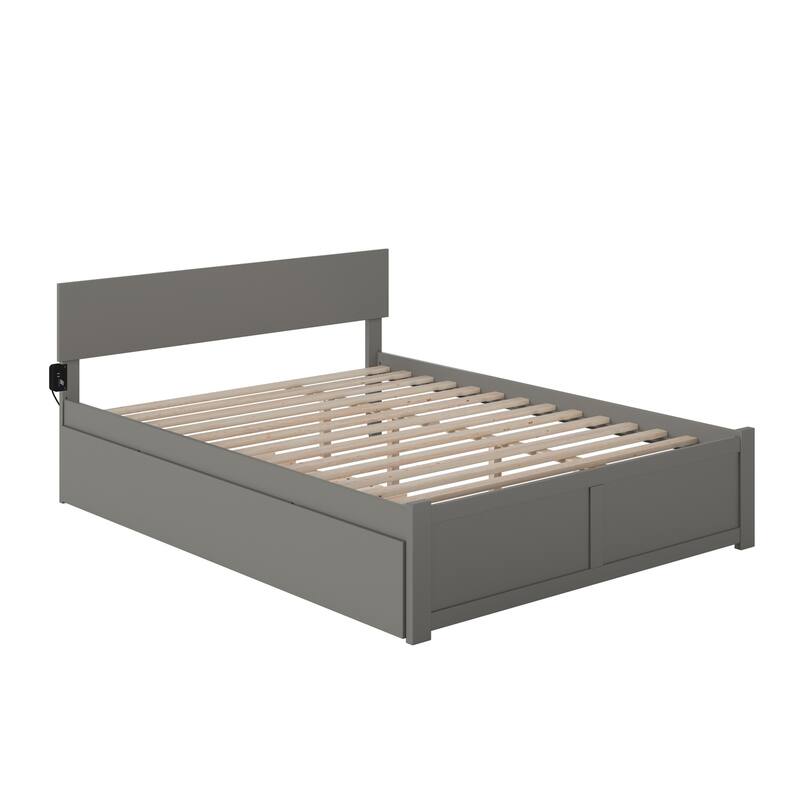 King Platform Bed with Trundle - Grey Wood Bed Frame, USB Charger, Adjustable Headboard