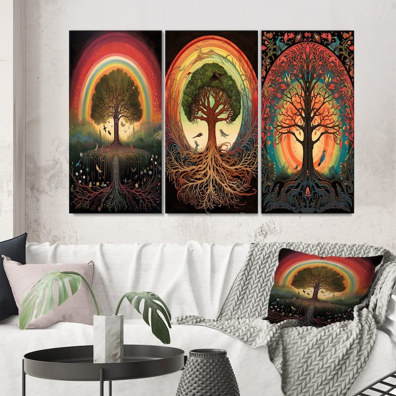Designart "Tree Of Life Rainbow Retro Illustration" Landscape Trees Wall Art Set Of 3 - Canvas Set For Living Room Decor