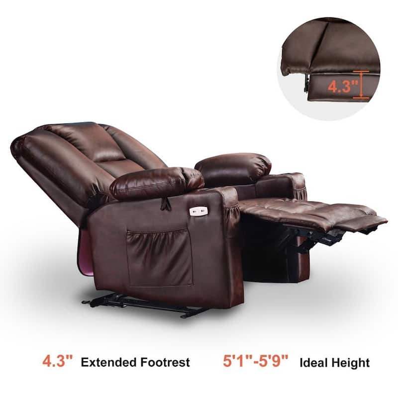 Mcombo Electric Power Recliner with Massage & Heat, Extended Footrest, 2 USB Ports, Side Pockets, Cup Holders, Faux Leather 8015