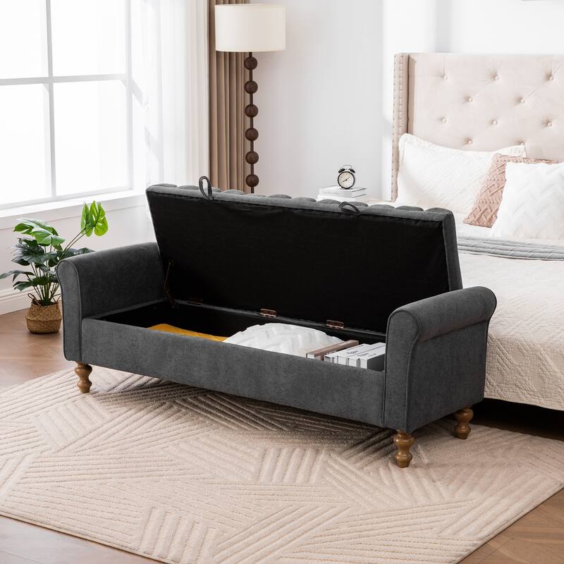 odern Upholstered Storage Bench , Napped fabric Bed End Foot Stool With Rolled Armrest