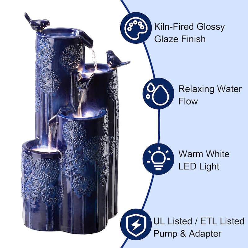 Glitzhome 31.75"H 4-Tier LED Vase-Shaped Ceramic Outdoor Floor Fountain with Birds/ Lotus