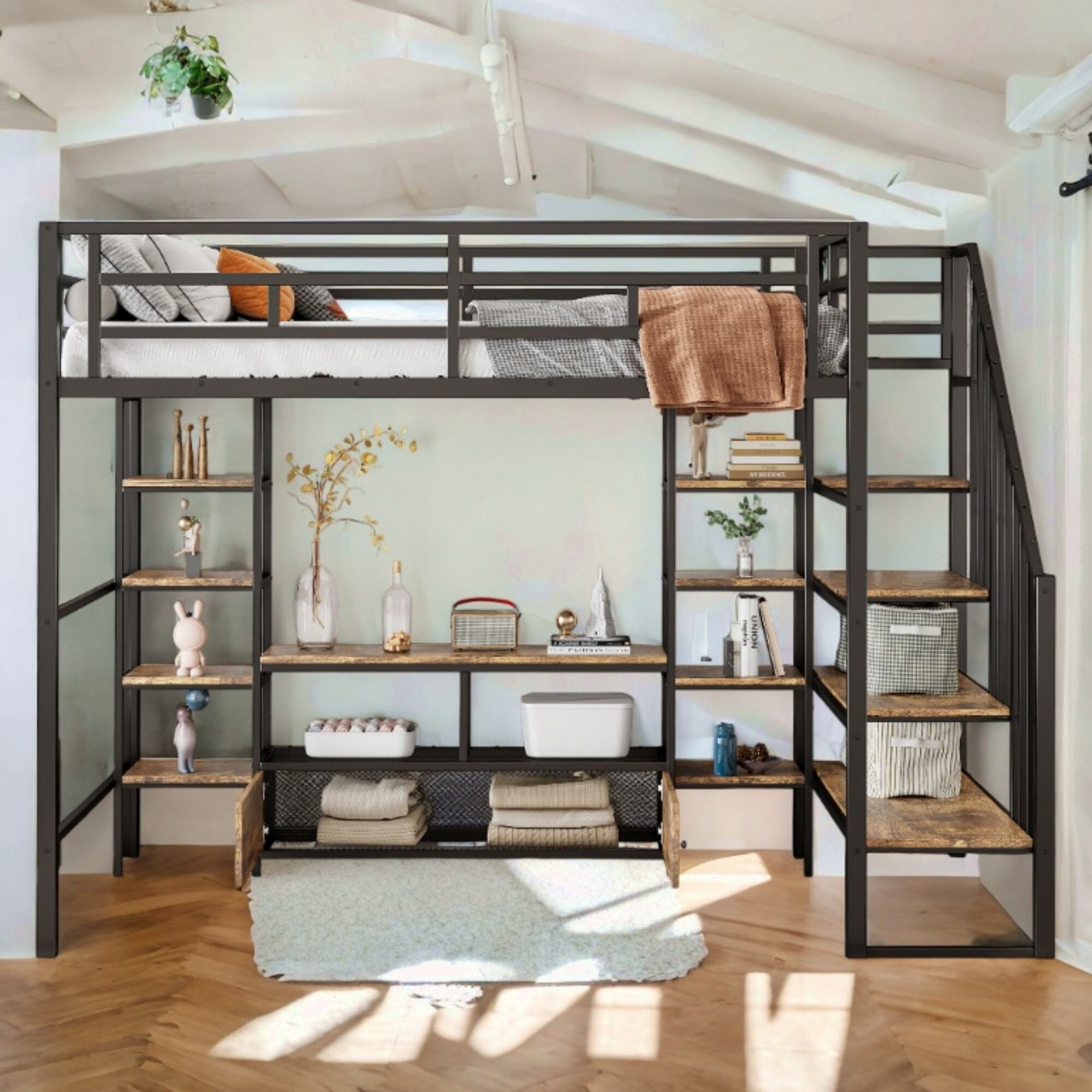 Full Size Low Loft Modern Bed with Staircase, Storage Metal Bed with Table and Storage Shelves
