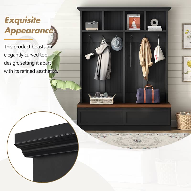 4-in-1 Wood Grain Entryway Hall Tree Storage Cabinet, Curved Top Shoe Cabinet Coat Rack with Drawers