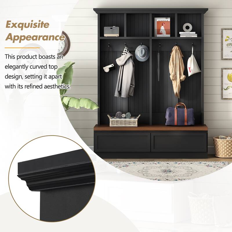 Farmhouse 4-in-1 Hall Tree with Bench, 2 Drawers & Coat Rack for Entryway