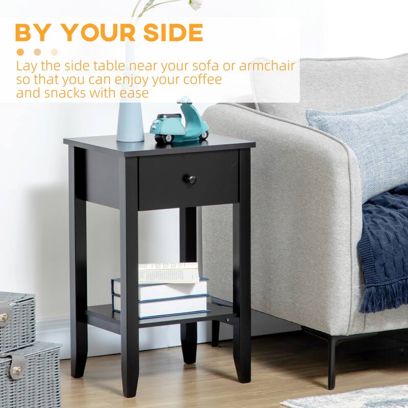 2-tier Modern Side Table with Drawer and Bottom Shelf - Black