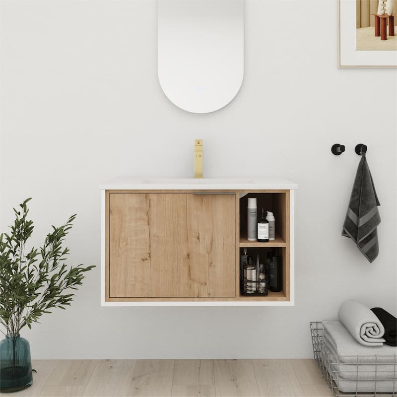 Bathroom Vanity With Sink In 24/30 Inch, Floating Bathroom Vanity With Soft Close Door - 30"W x 18.3"D x 18.5"H - Imitative Oak