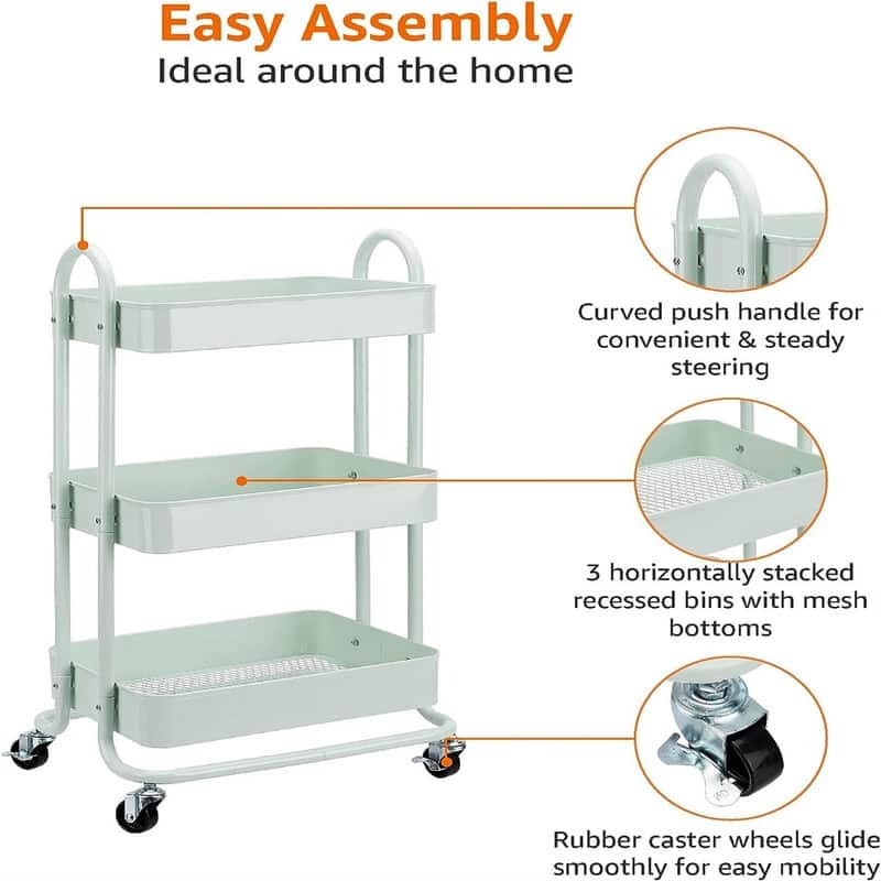 3 Tier Rolling Utility or Kitchen Cart white - 13.35"D x 17"W x 31"H