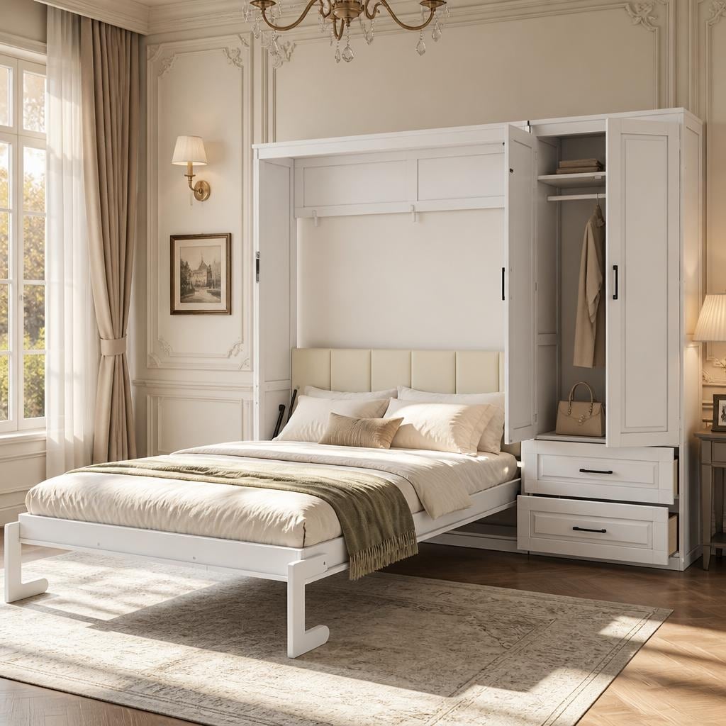 Queen Murphy Bed with Side Storage Wardrobe & 2 Drawers by Harper&Bright Designs