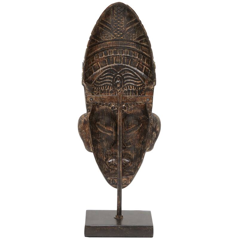 Brown Polystone Primitive African Mask and Standing African Woman Sculpture Wall Decor