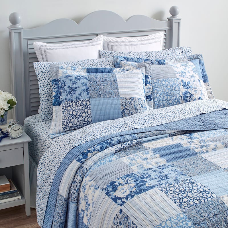 Laura Ashley Paisley Patchwork Cotton Reversible Blue Quilt Set