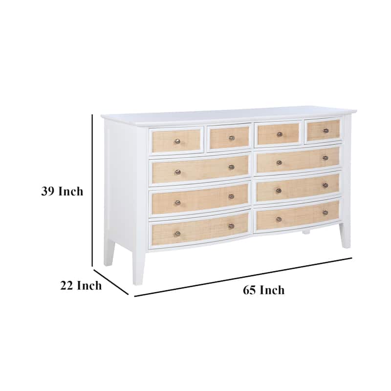 Heo Wide Dresser, 10 Drawers, Rattan Woven Curved Front, White Wood
