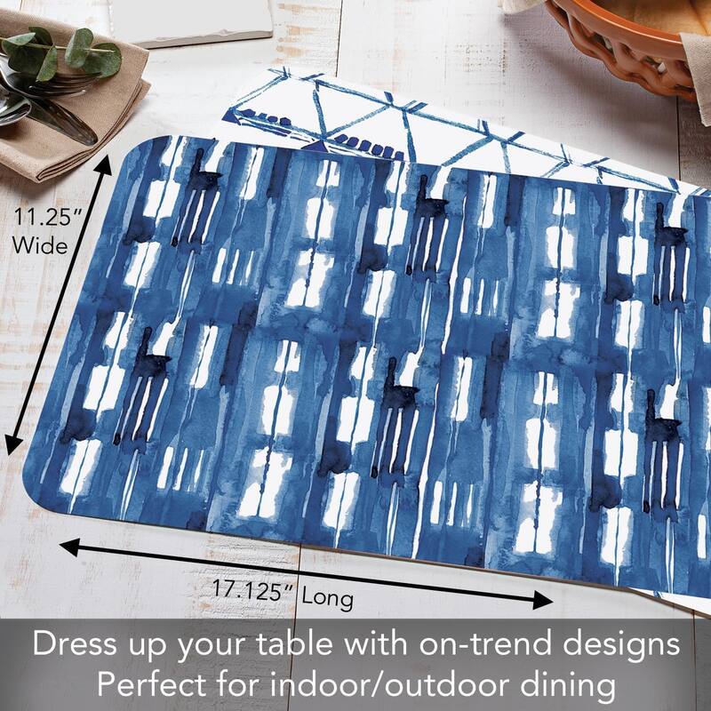 Shibori Blues 4 Pack Reversible Easy Care Flexible Plastic Placemats Made in The USA BPA Free Easily Wipes Clean