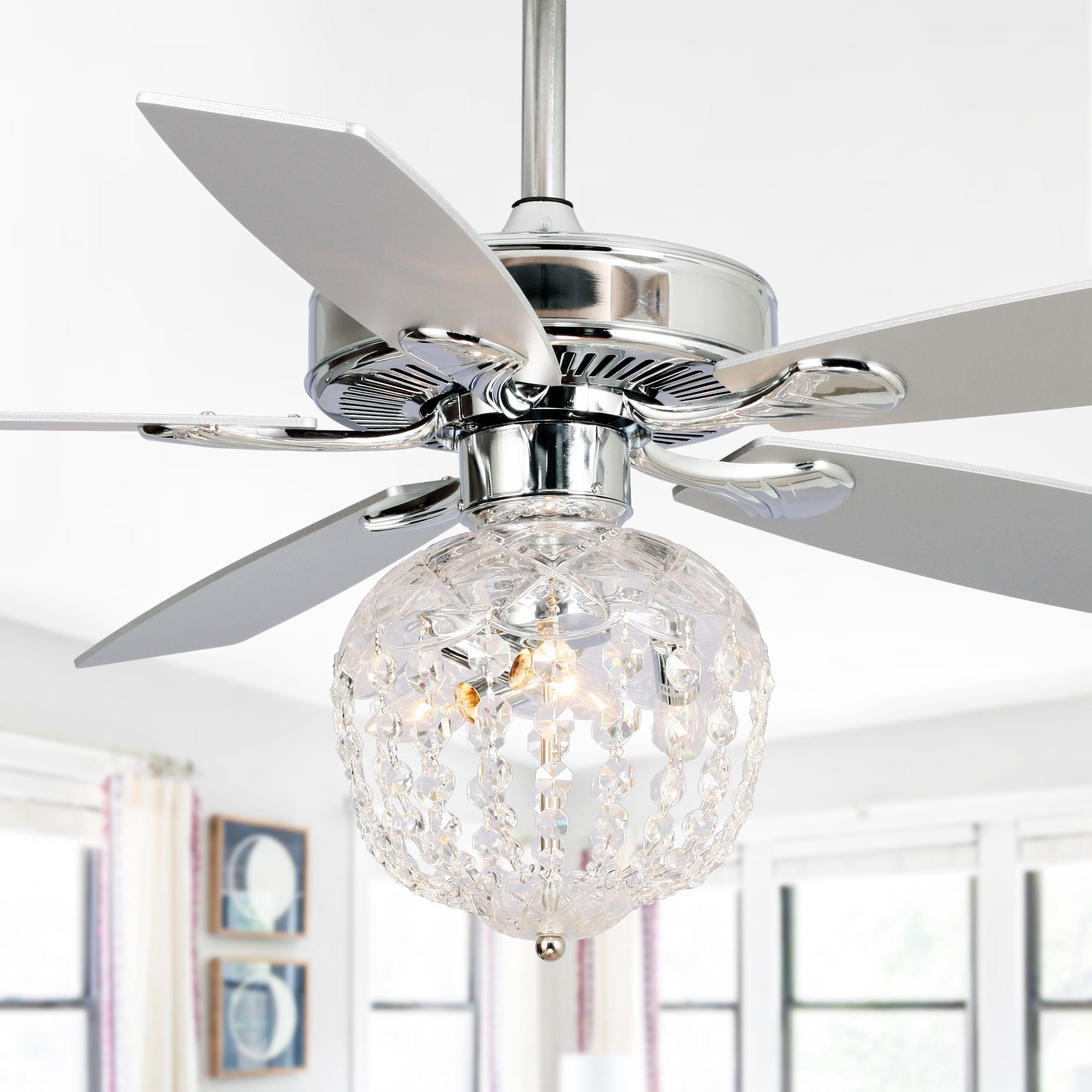 52" Chrome Wood 5-Blade Globe Crystal Ceiling Fan with Remote - 52-inch - -
